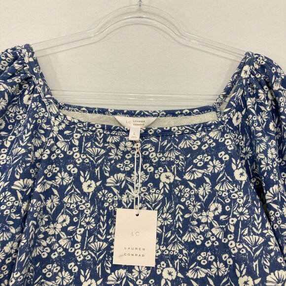 New LC Lauren Conrad Large Blue White Ditsy Floral Square Neck Puff Sleeve Blous - Picture 5 of 10
